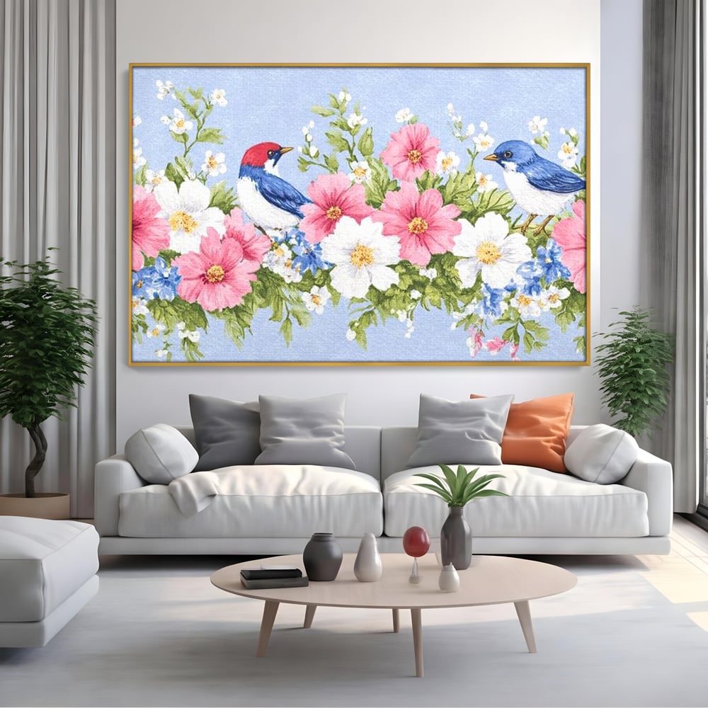 Tablou canvas cu tablou canvas cu pasari si flori pastel, in rama de aluminiu auriu, pe perete intr-un living